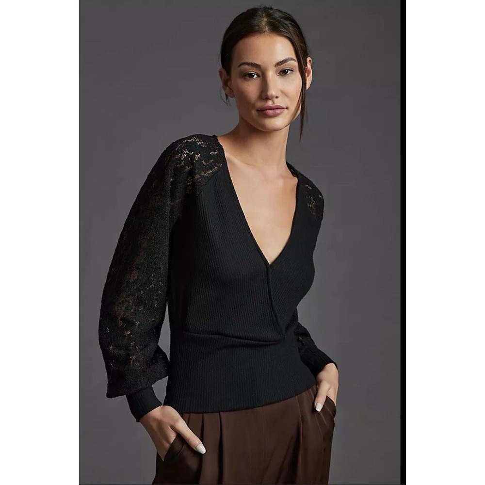 By Anthropologie Small Black Lace Sleeve Sweater Faux Wrap Top